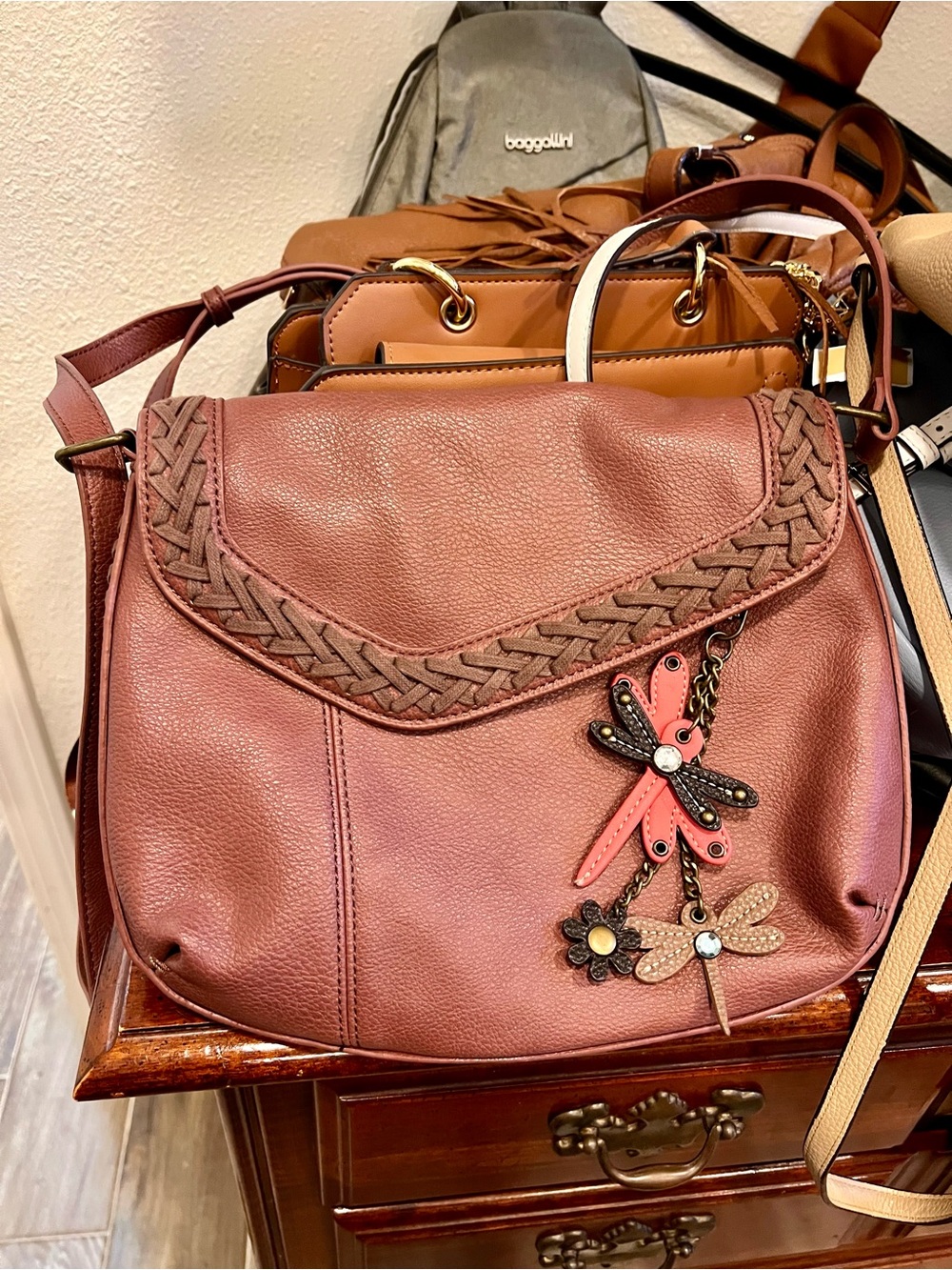 Women's Brown Leather Crossbody Bag with Braided Flap and Dragonfly Charm